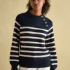 Agnes Navy Striped Button Neck Jumper