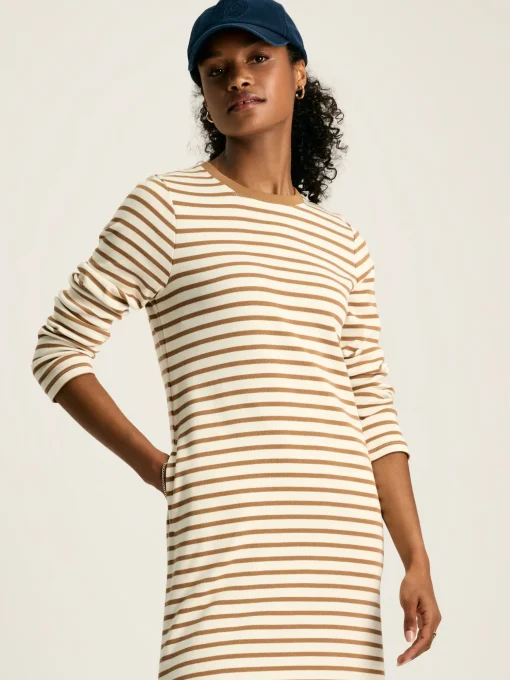 Cleo Tan Brown Striped Long Sleeve Jersey Midi Dress