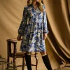 Petunia Blue/Neutral Frill Neck Dress